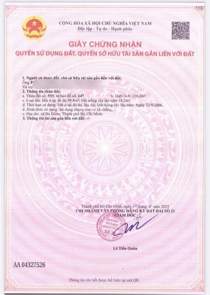 Đất thổ cư kdc đường nhựa 8m xã bà điểm  giá f0