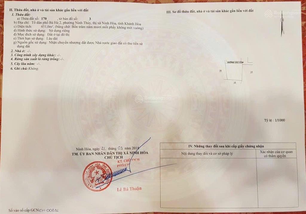 Bán đất tại bá hà 2, ninh thủy, ninh hòa, khánh hòa, 35 triệu/m2, 451 m2 giá cực chất