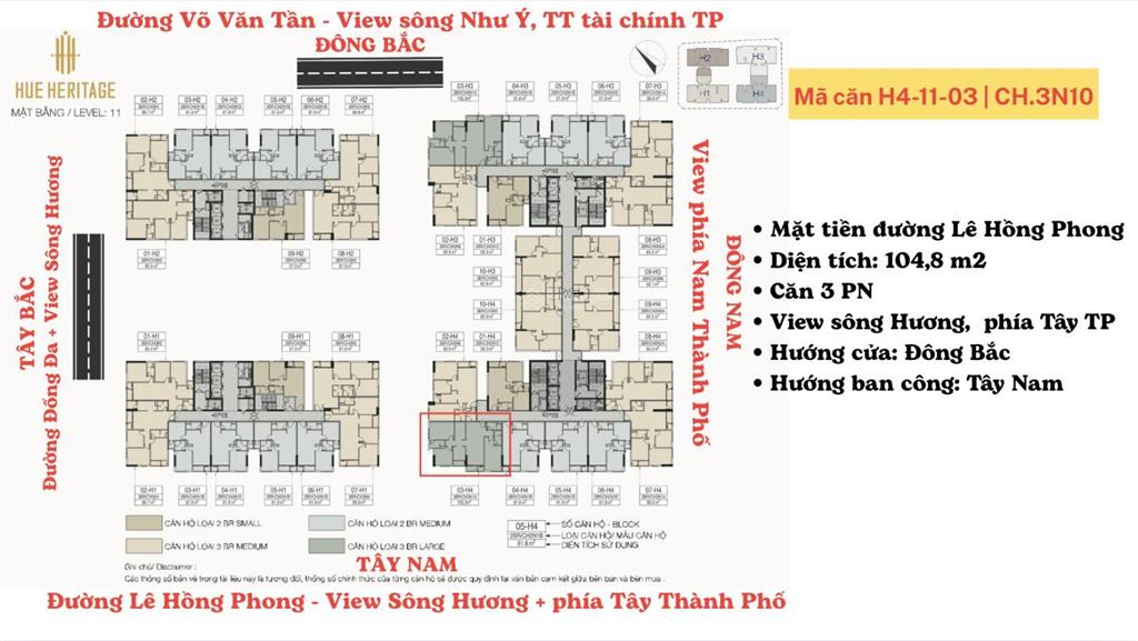 Căn 3pn (104,8m2)  mặt tiền đường lê hồng phong  view sông hương. sở hữu lâu dài