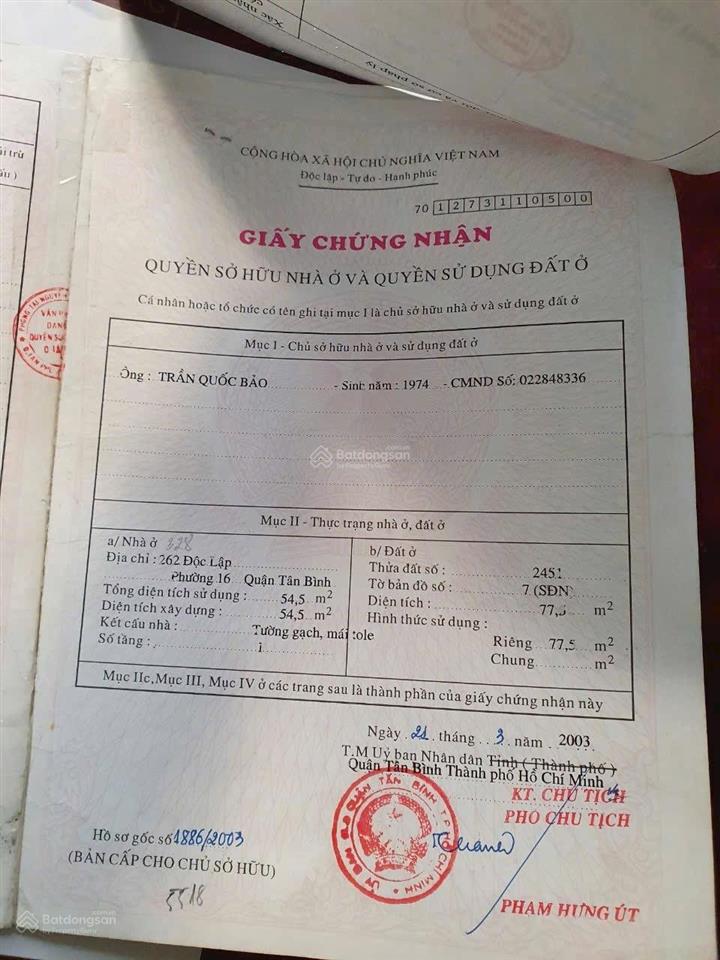 Mặt tiền đường độc lập, p. tân quý, tân phú 3.81x20m, đúc 2 lầu, sân thượng, mới. giá 11.2 tỷ