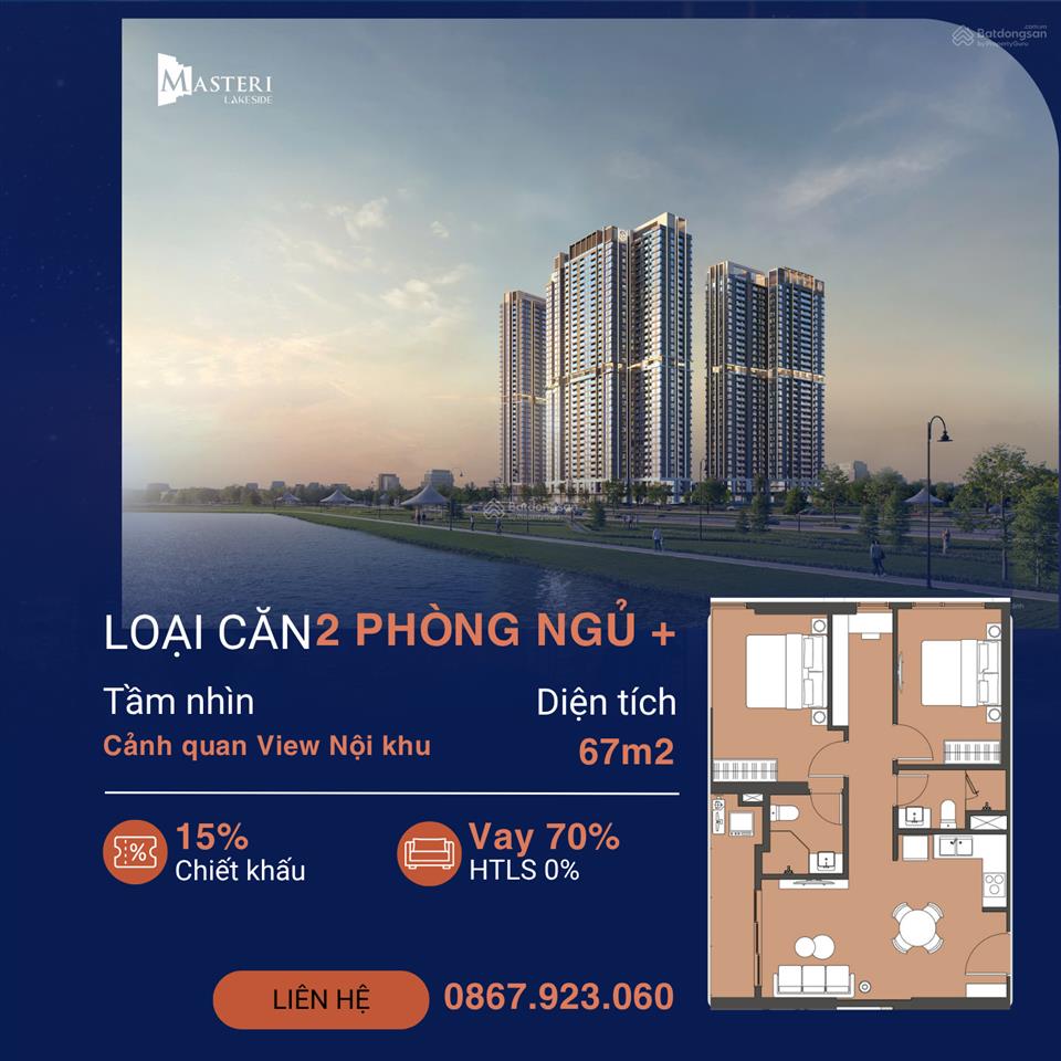 Trục căn 2n+ góc giá rẻ nhất phân khúc masteri lakeside 67 m2 chỉ 4tỷ full phí miễn phí dv 2 năm