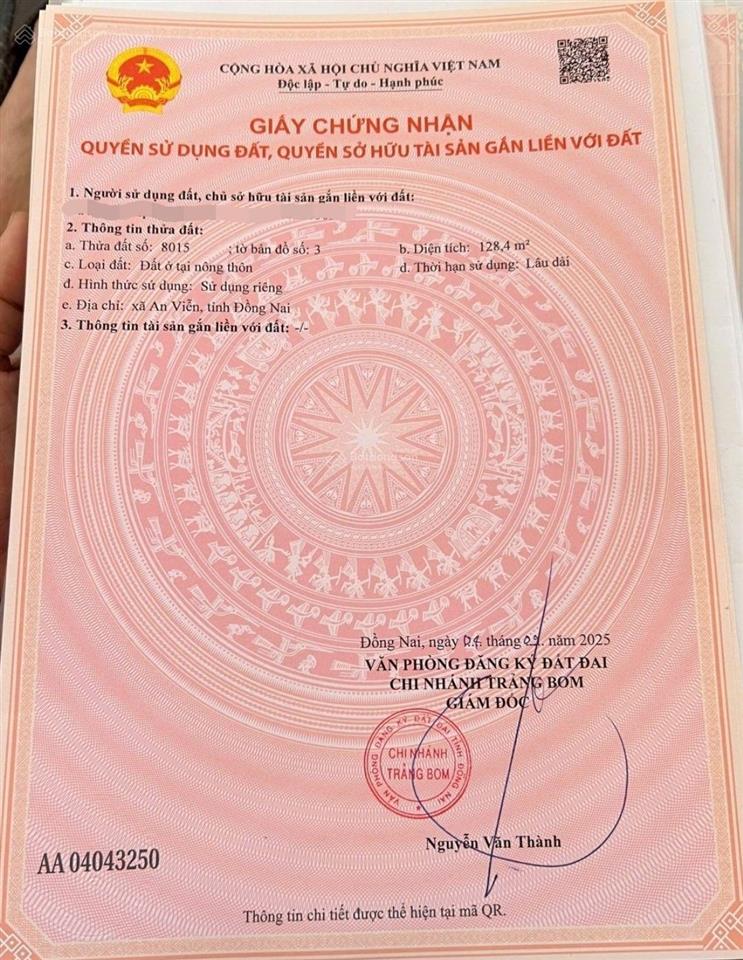 Bán đất nền 128,4m2 tại trần vĩnh lộc, an viễn, trảng bom, đồng nai, giá tốt 1,35 tỷ