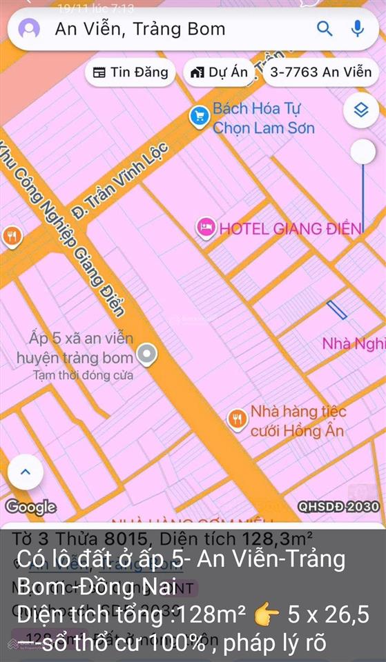 Bán đất nền 128,4m2 tại trần vĩnh lộc, an viễn, trảng bom, đồng nai, giá tốt 1,35 tỷ