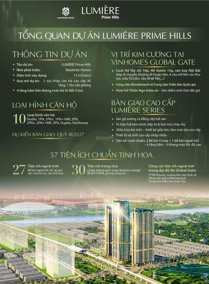 Độc quyền 3 ngủ tầng hoa hậu, cận view sông hồng đáng giá nhất lumière prime hills cổ loa