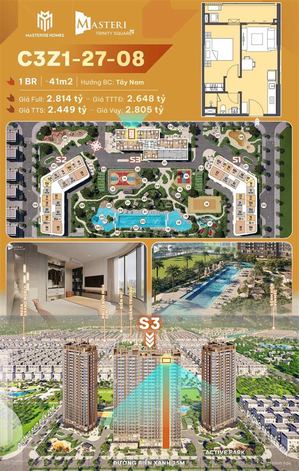 Rẻ nhất vinhomes oceanpark2! bán chung cư 1pn 46m2 2.45tỷ masteri trinity square văn giang hưng yên