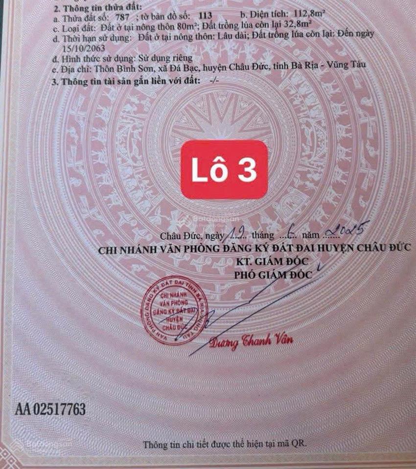 Ngộp bank cần bán gấp lô đất đẹp xà bang, châu đức giá chỉ hơn 1 tỷ