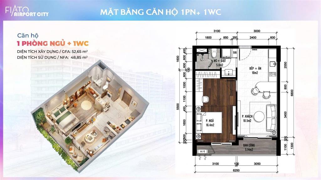 Dự án fiato airport city, sang nhượng căn 1 phòng ngủ, tầng 6, 53m2, giá 2 tỷ 030 triệu