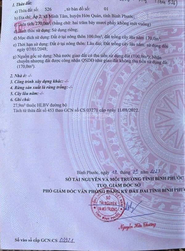 Bán đất nền 270m2 tại đt 752, minh tâm, hớn quản, bình phước, giá 500 triệu