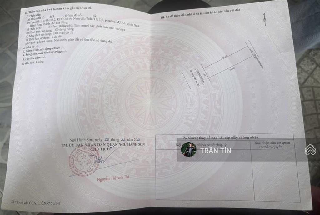 Lô đất mặt tiền đường mỹ an 23, ngay điểm bắn pháo hoa mới của thành phố