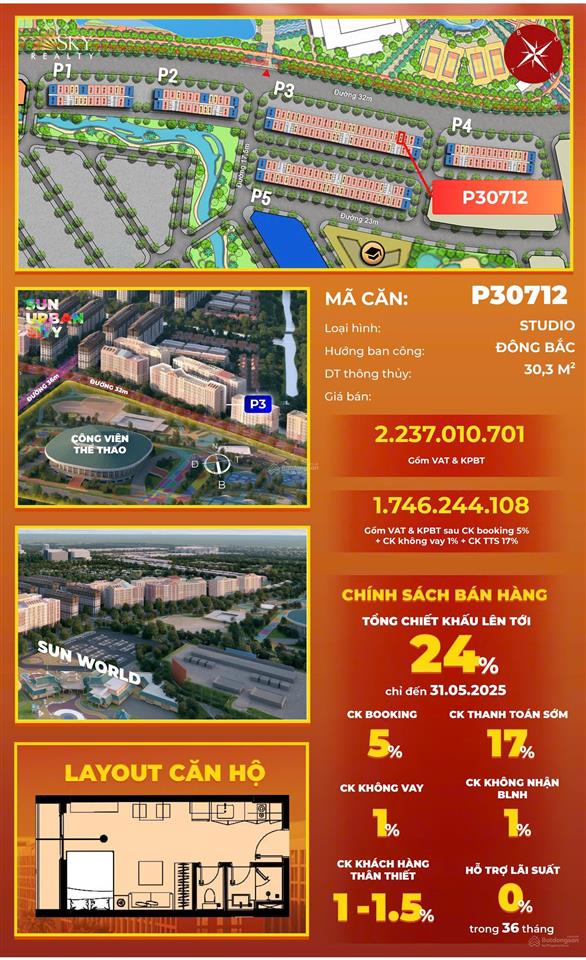Tòa p3 park residence sun hà nam view pháo hoa, cạnh công viên, vốn 500tr, miễn gốc lãi 3 năm