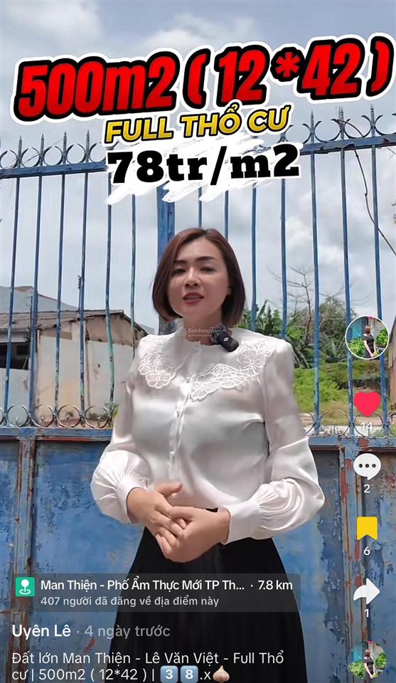 Bán đất trục man thiện quận 9 |500m2(12*42m) full thổ cư | 38.9 tỷ| xây toà chdv, kho | uyên lê