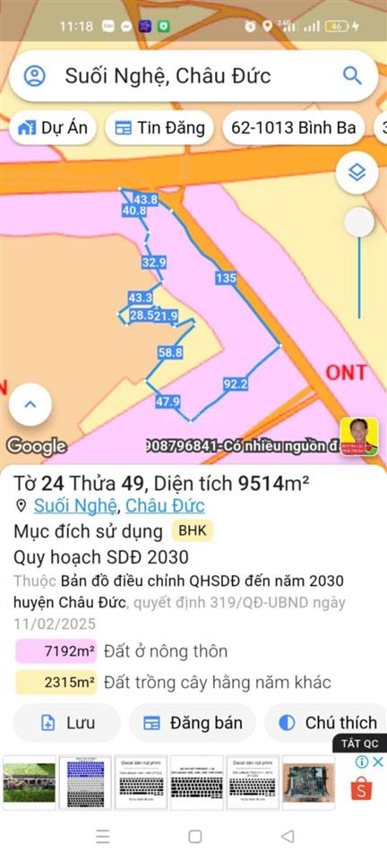Cần bán 1,8ha (18000)m2 châu đức bà rịa vũng tàu tphcm ngay kcn sonadezi