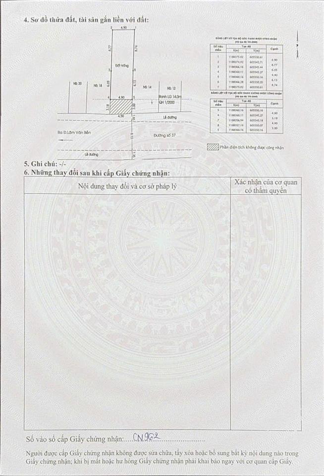 Chính chủ cần bán lô đất tại đường số 37 sổ hồng cầm tay tọa tại q7