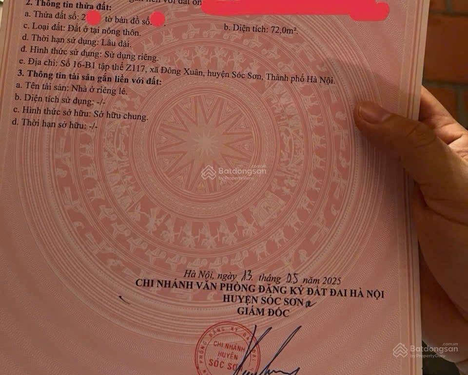 Duy nhất 72 m2 khu tt z117 đông xuân, sóc sơn, hà nội + 2 thoáng trục kinh doanh sát trường mầm non