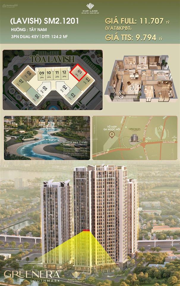 Bán căn hộ 3pn 3wc dual key tại greenera southmark, 10.2 tỷ, 124.2m2, full đồ, thanh trì, hà nội