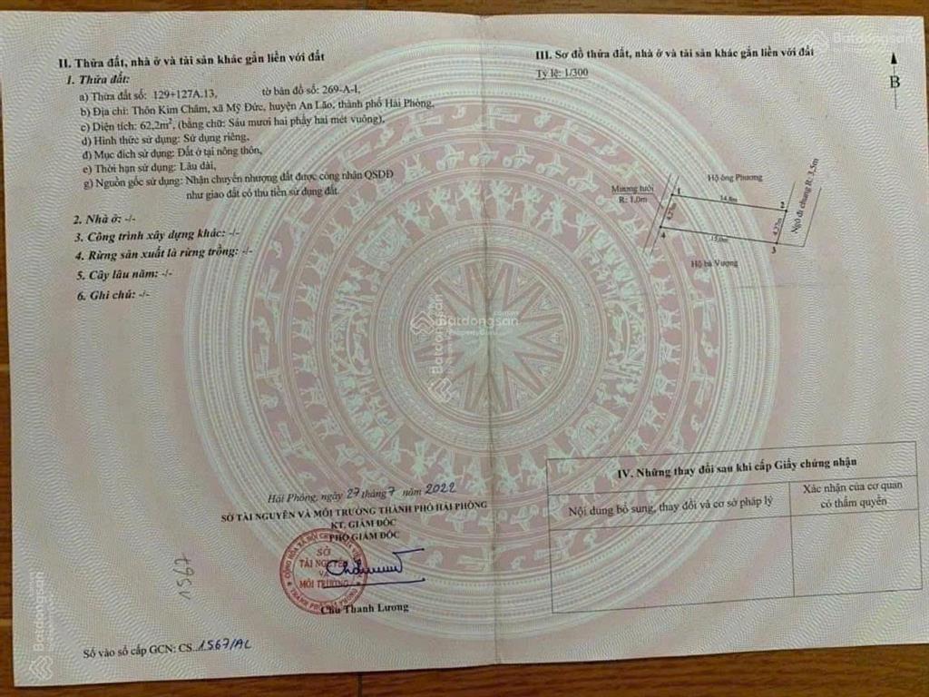 Chính chủ gửi bán lô đất mỹ đức  an lão diện tích 61m2, ngõ ô tô đỗ cửa, đi lại thuận tiện