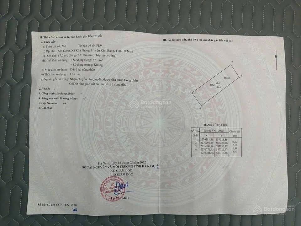 Bán đất 87m2 cạnh khách sạn ngọc lâm xã khả phong, kim bảng, nở hậu đẹp, giá chỉ 75tr/m2