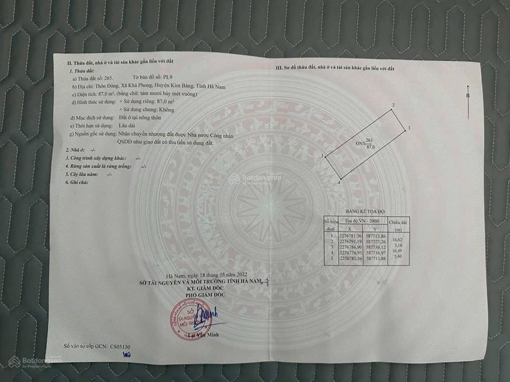 Bán đất 87m2 thôn đông, xã khả phong, kim bảng gần khách sạn ngọc lâm, giá 78tr/m2 kinh doanh tốt