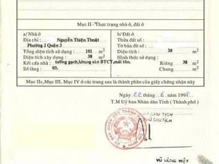 Bán nhà riêng hẻm xe tải 8m 1t2l đường nguyễn thiện thuật, quận 3, 38m2 chỉ 10,5 tỷ