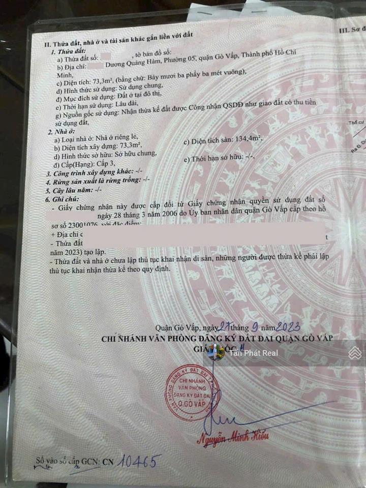 Sát mt dương quảng hàm, p5, ngang 7m x 11m =74m2. tiện xây building 5 lầu, chỉ hơn 9 tỷ