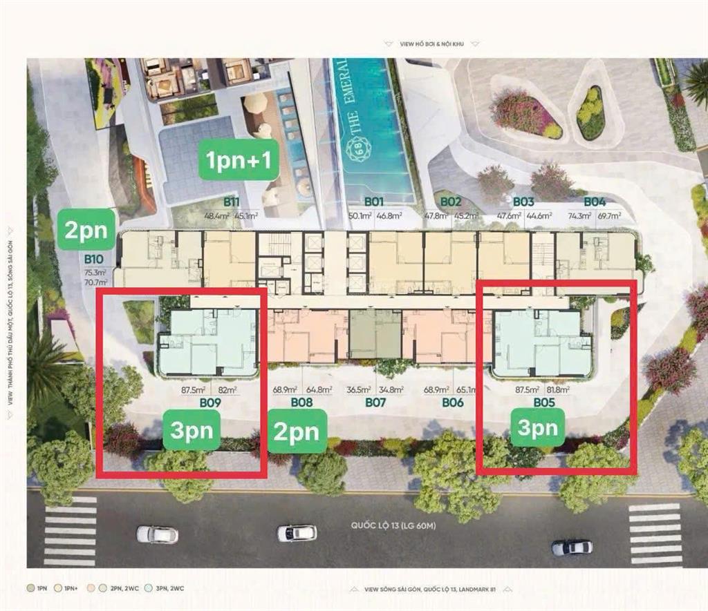 Chuyển nhượng giá tốt cho căn 3pn/87,5m2 the emerald 68 mặt tiền ql13 view landmark 81 sông sg