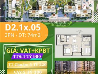 Bán cc tại lumiere boulevard, 4,98 tỷ, 74m2, 2pn, 2wc, view đẹp, giá tốt