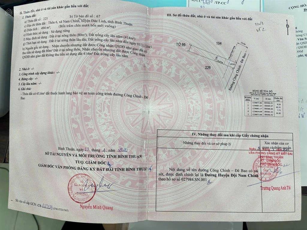 Bán đất mặt tiền lớn đường công chính, nam chính, đức linh