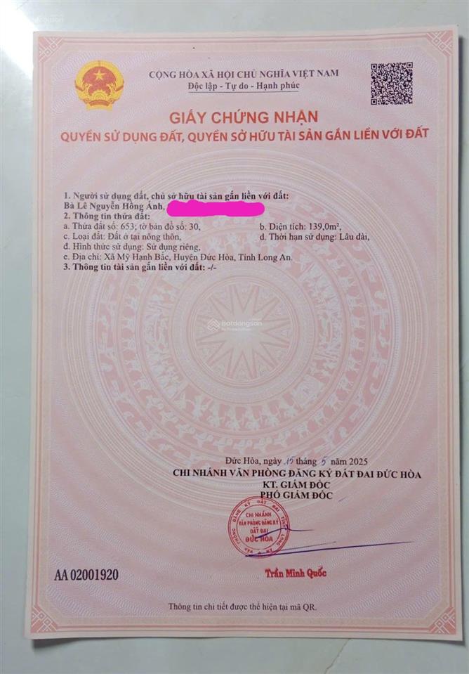 Tôi chính chủ bán đất full thổ cư 139m2, xã mỹ hạnh bắc, đức hòa, long an