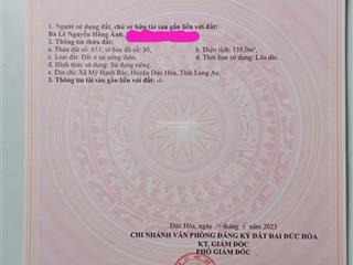 Tôi chính chủ bán đất full thổ cư 139m2, xã mỹ hạnh bắc, đức hòa, long an