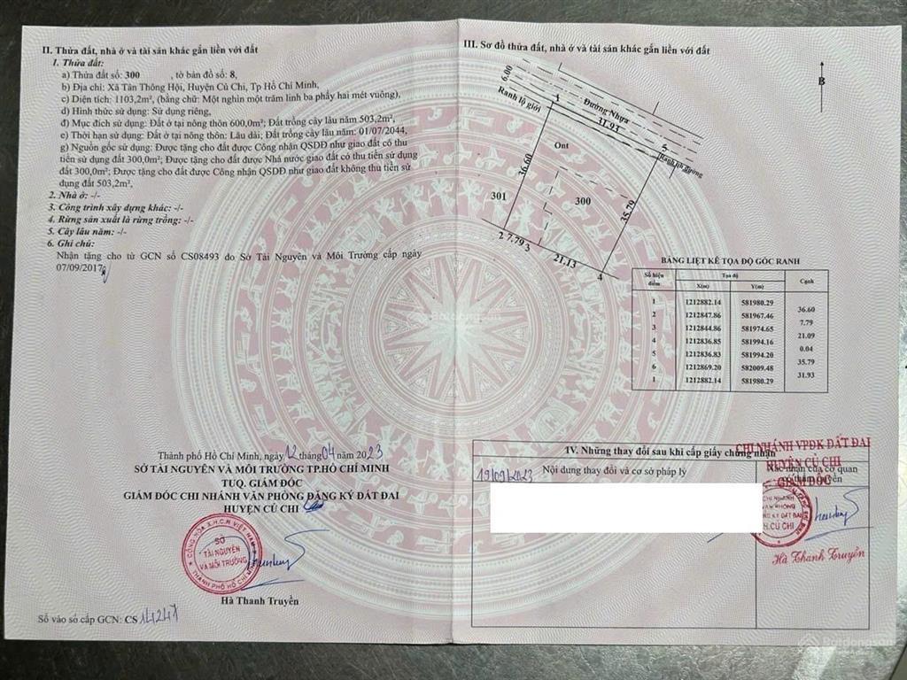 Thu hồi vốn bán ngang giá mua cần 500 ae thổ địa hỗ trợ. lô 1103m2 đường 23 tân thông hội