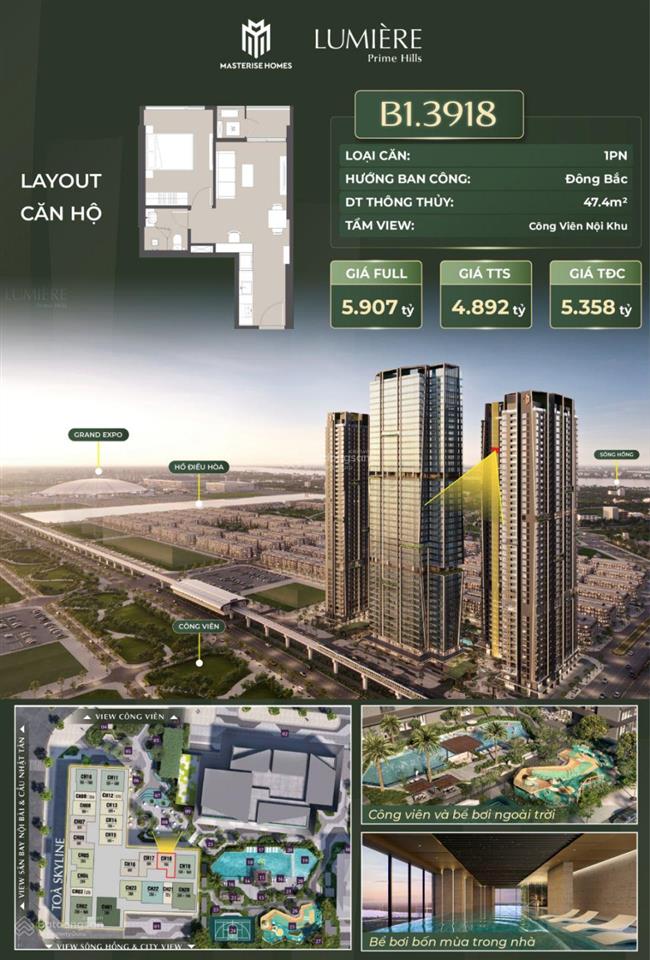 Bán nhanh căn hộ 1pn lumière prime hills căn b1.3918