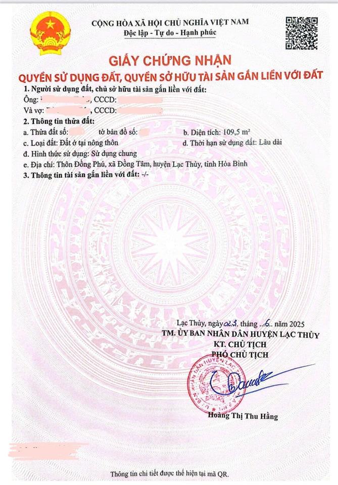 Bán đất tại đồng tâm, lạc thủy, hòa bình, 21 triệu / m2, 109.5 m2, chính chủ