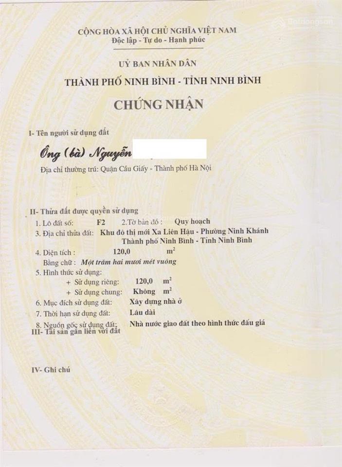 Bán dất 120m2 khu đô thị xa liên hậu, gần trường tiểu học ninh khánh