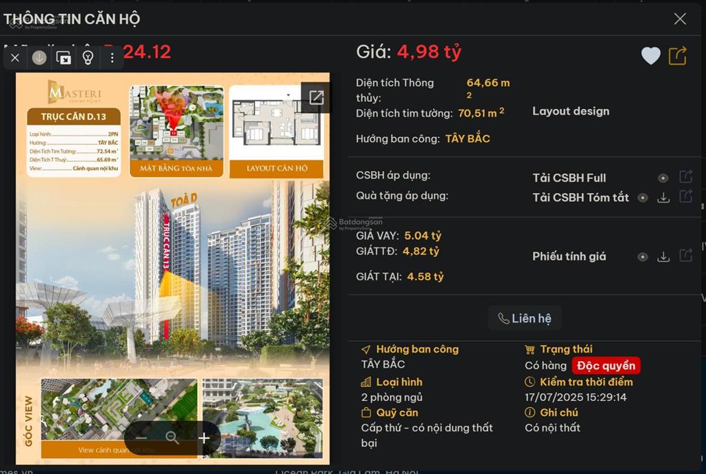 Bán căn 2pn, 72m2 full nội thất masteri centre point chỉ 4,5 tỷ,ck 7% cđt