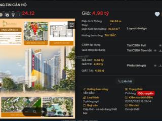 Căn 2pn,72m2 full nội thất chỉ 4,5 tỷ, khu masterri centre point, nhà mới 100%