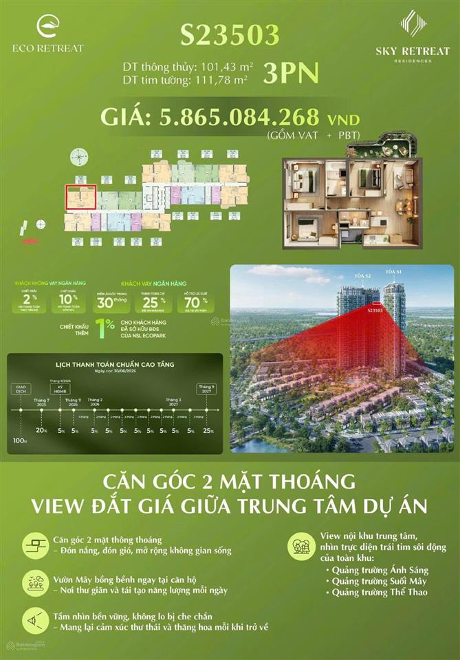 Hot! sang suất ngoại giao hđmb căn hộ sky retreat. view vườn mây ban công lớn. đặc biệt giá gốc cđt