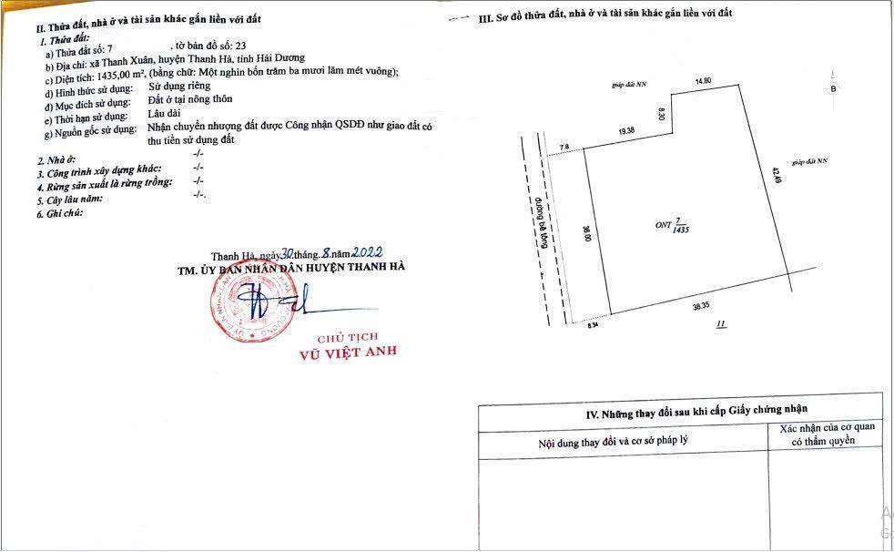 Bán đất tại xã thanh xuân, thanh hà, hải dương, giá tốt 6,2 tỷ, 1435 m2