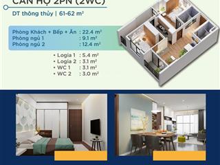 Chỉ với 525 triệu sở hữu căn 2pn, 61,1m2, hướng nam, view hồ tại yên bình complex