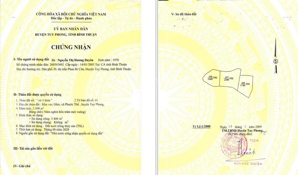 Bán đất đẹp tại x. phước thể, h. tuy phong, bình thuận giá bán 36 tỷ, dt 96.376 m2, mặt tiền 500m