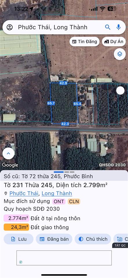 Bán gấp lô đất lớn 2799m2 giá 30tỷ789 triệu. xã phước bình huyện long thành tỉnh đồng nai. sổ riêng