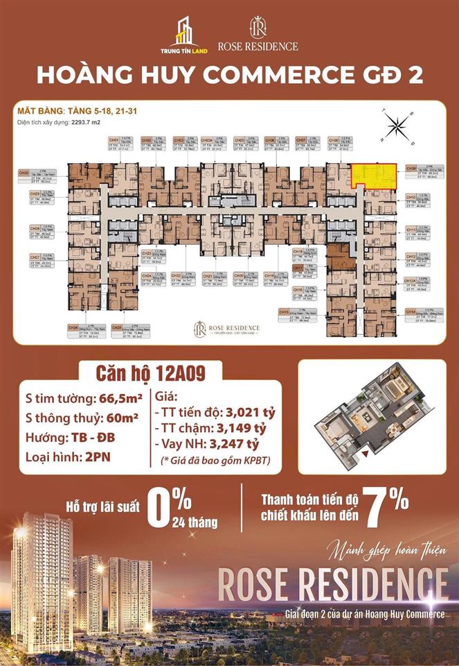 Bán hh rose view sông lạch tray 1,5pn  49,9 m2  giá 2,332 tỷ, ck 7% & tặng 15 chỉ vàng