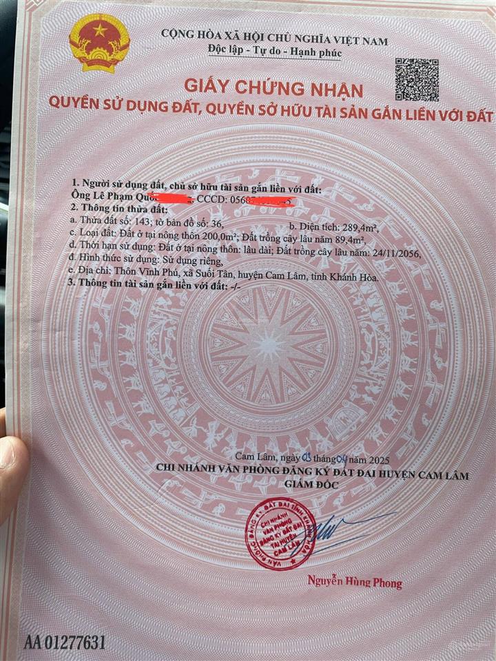 Chính chủ bán đất mặt tiền quốc lộ 1a thôn vĩnh phú, suối tân