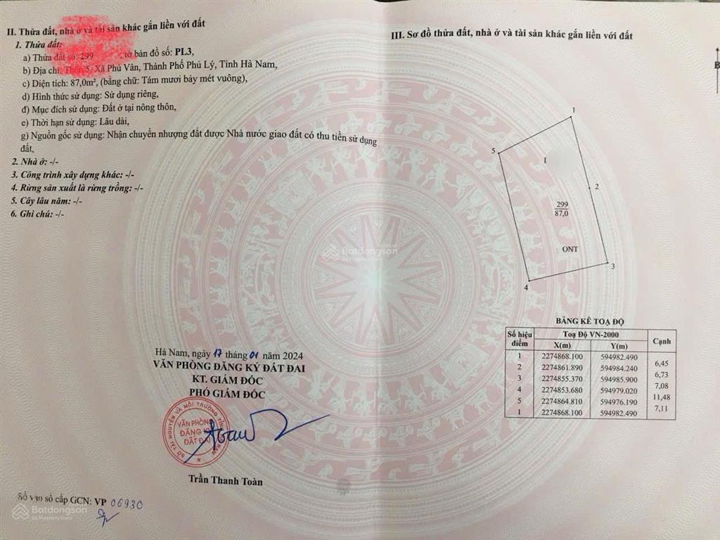 Bán đất tại phù vân, phủ lý, hà nam, giá 2,4 tỷ, diện tích 87m2