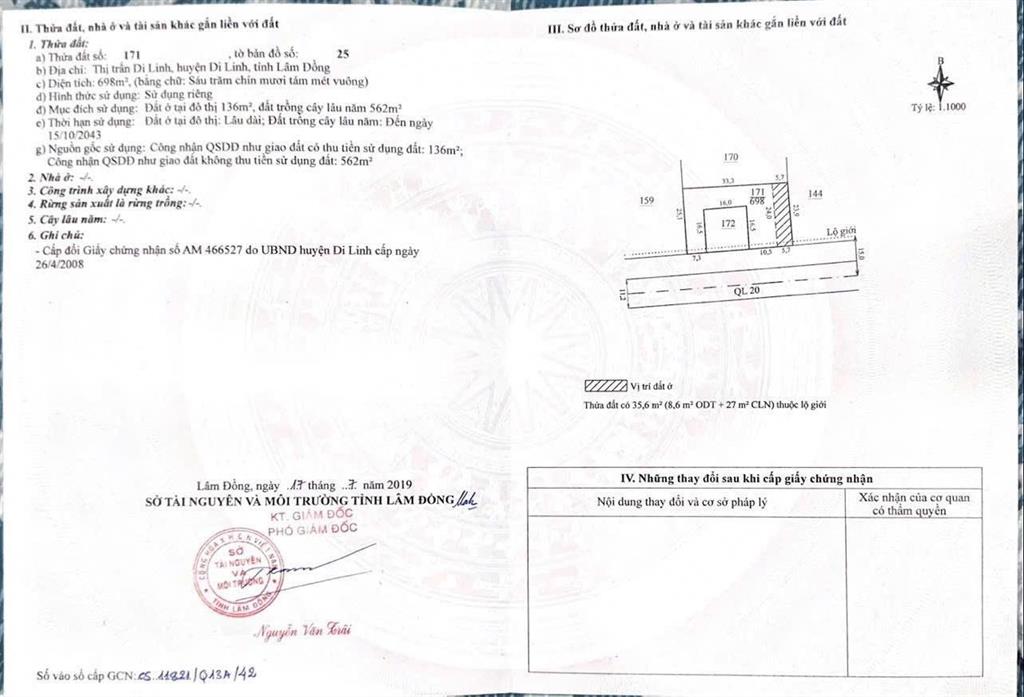 Bán gấp đất mặt tiền hùng vương, di linh, 1604m2, giá thỏa thuận