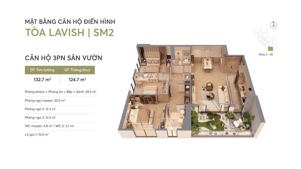 Căn hộ 3pn sân vườn  biệt thự trên không độc bản duy nhất tại greenera southmark