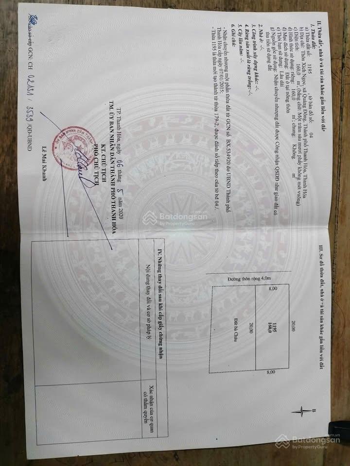 Chính chủ bán lô đất vuông vức cách đại lộ võ nguyên giáp 100m tp. thanh hóa