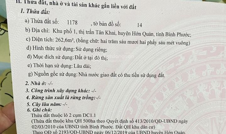 Bán đất tại đt, tân khai, hớn quản, bình phước, giá ưu đãi 1,65 tỷ, 260m2