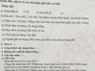 Bán đất tại đt, tân khai, hớn quản, bình phước, giá ưu đãi 1,65 tỷ, 260m2