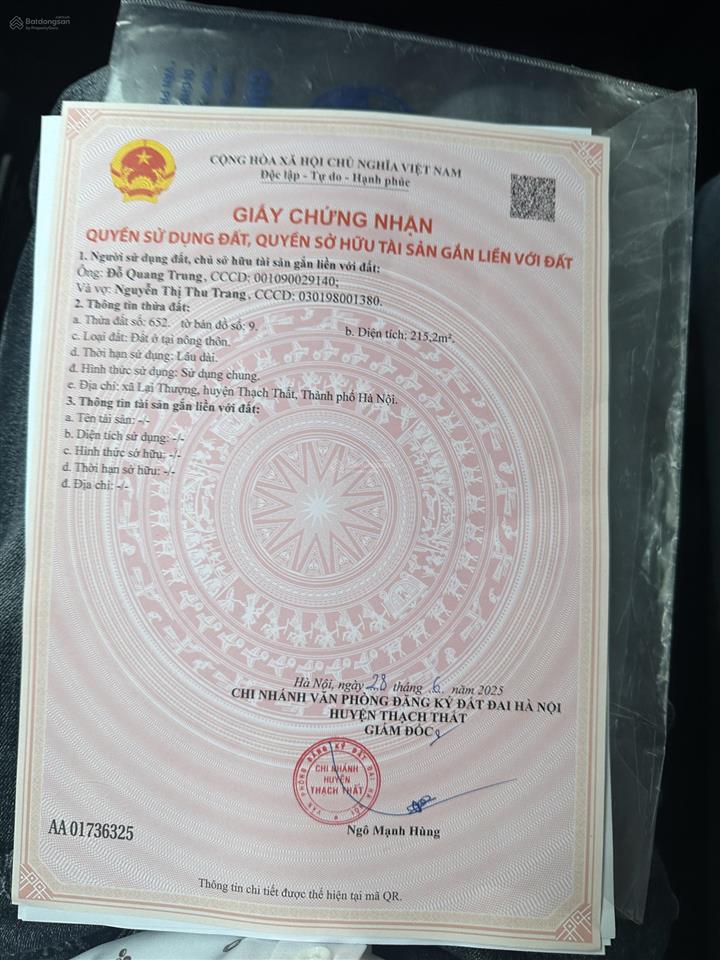 Bán đất tại lại thượng, thạch thất, hà nội, giá cực chất 4,8 tỷ, 215m2 mt 6,5m oto vào đất. có fix