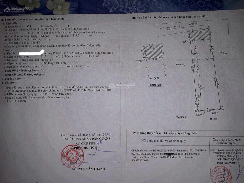 Cần bán nhà cấp 4 hẻm 5m đường 147 ngang 5.5m nở hậu 6m dài 22m diện tích được công nhận 114m2